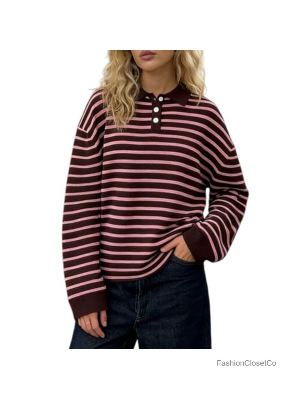 Striped Polo Sweater Women Colorblock Knit Crewneck Pullover Long Sleeve